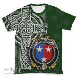 ScotsTee Shop Irish Studdert Coat of Arms Irish Family Crest T Shirt Irish Shamrock Celtic Cross Green T Shirt