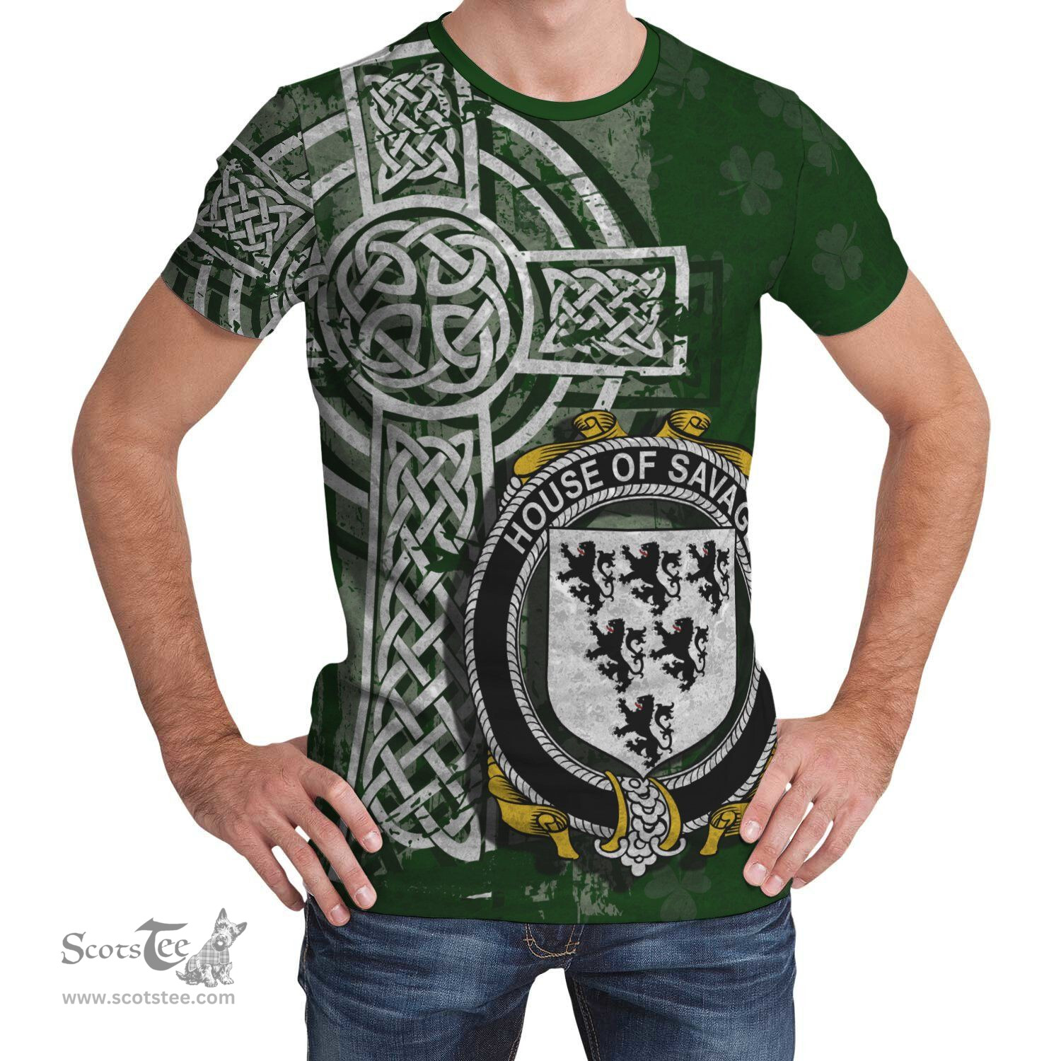 ScotsTee Shop Irish Savage Coat of Arms Irish Family Crest T Shirt Irish Shamrock Celtic Cross Green T Shirt