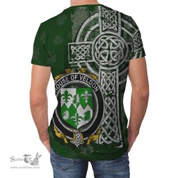 ScotsTee Shop Irish Veldon Coat of Arms Irish Family Crest T Shirt Irish Shamrock Celtic Cross Green T Shirt