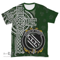 ScotsTee Shop Irish Younge Coat of Arms Irish Family Crest T Shirt Irish Shamrock Celtic Cross Green T Shirt