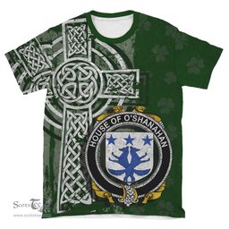 ScotsTee Shop Irish Shanahan or O'Shanahan Coat of Arms Irish Family Crest T Shirt Irish Shamrock Celtic Cross Green T Shirt