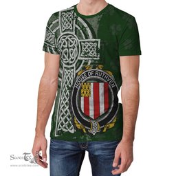 ScotsTee Shop Irish Ruthven Coat of Arms Irish Family Crest T Shirt Irish Shamrock Celtic Cross Green T Shirt
