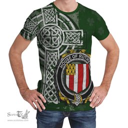 ScotsTee Shop Irish Ruthven Coat of Arms Irish Family Crest T Shirt Irish Shamrock Celtic Cross Green T Shirt