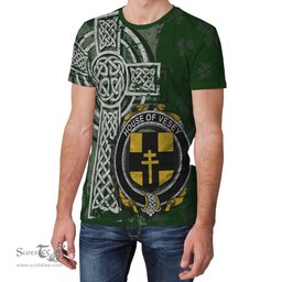 ScotsTee Shop Irish Vesey Coat of Arms Irish Family Crest T Shirt Irish Shamrock Celtic Cross Green T Shirt