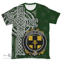 ScotsTee Shop Irish Vesey Coat of Arms Irish Family Crest T Shirt Irish Shamrock Celtic Cross Green T Shirt