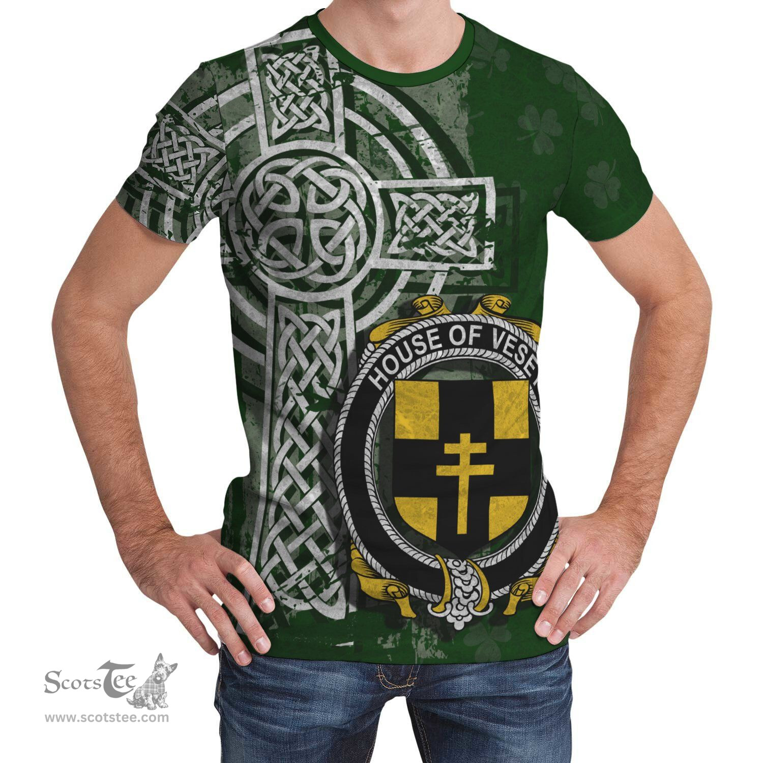 ScotsTee Shop Irish Vesey Coat of Arms Irish Family Crest T Shirt Irish Shamrock Celtic Cross Green T Shirt