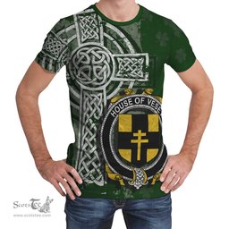 ScotsTee Shop Irish Vesey Coat of Arms Irish Family Crest T Shirt Irish Shamrock Celtic Cross Green T Shirt