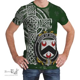 ScotsTee Shop Irish Wethers Coat of Arms Irish Family Crest T Shirt Irish Shamrock Celtic Cross Green T Shirt