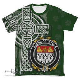 ScotsTee Shop Irish Taylor Coat of Arms Irish Family Crest T Shirt Irish Shamrock Celtic Cross Green T Shirt
