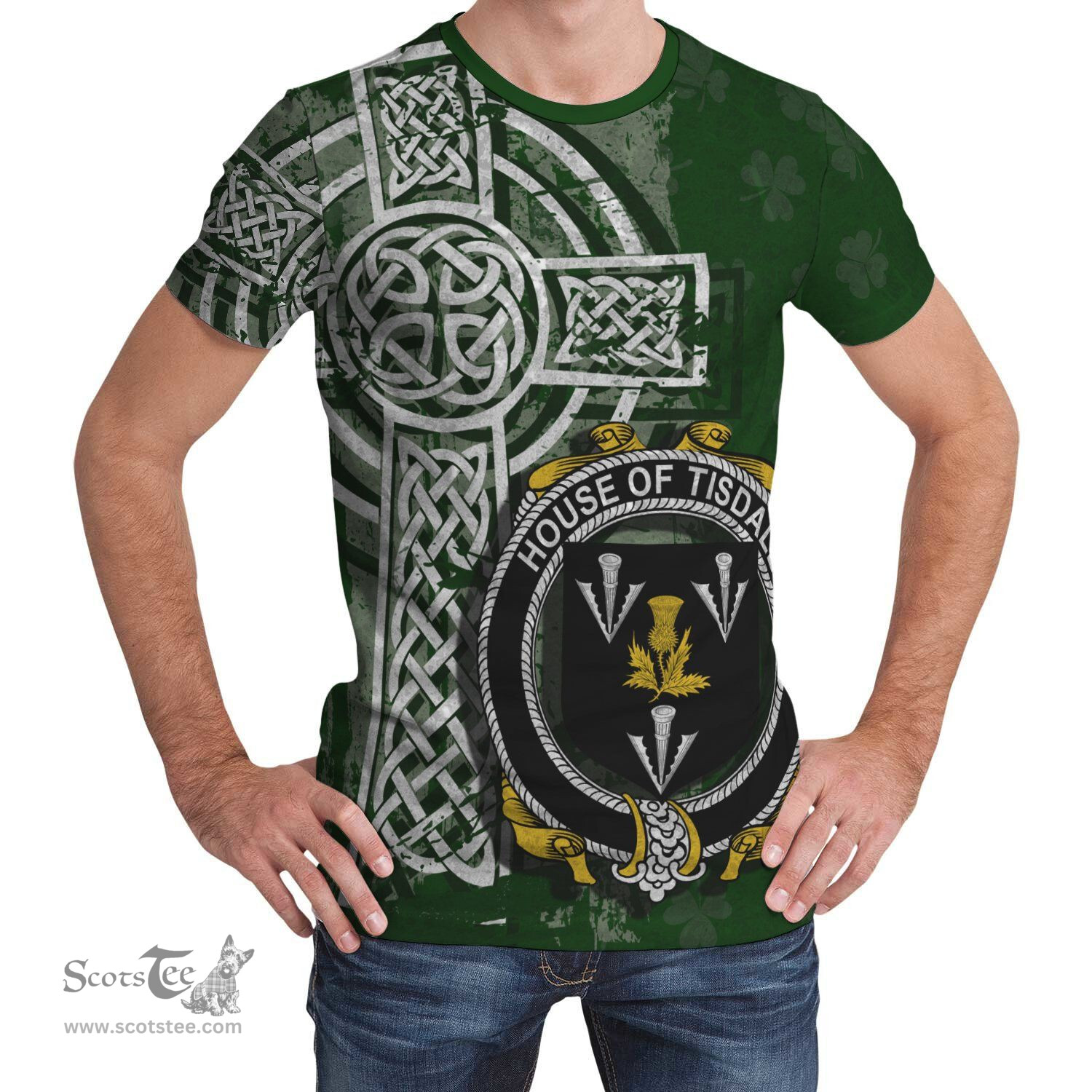 ScotsTee Shop Irish Tisdall or Tisdale Coat of Arms Irish Family Crest T Shirt Irish Shamrock Celtic Cross Green T Shirt