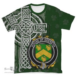 ScotsTee Shop Irish Skereth or Skerret Coat of Arms Irish Family Crest T Shirt Irish Shamrock Celtic Cross Green T Shirt