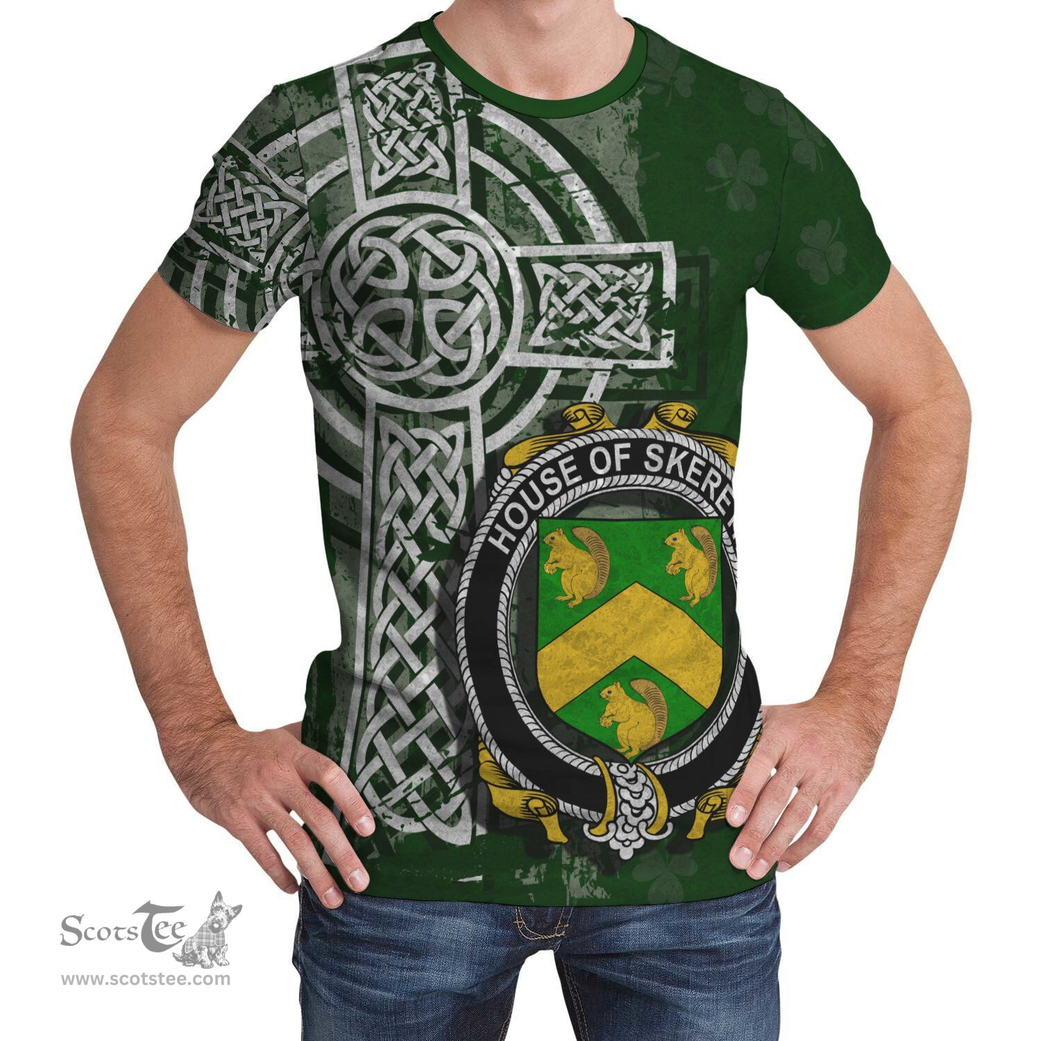 ScotsTee Shop Irish Skereth or Skerret Coat of Arms Irish Family Crest T Shirt Irish Shamrock Celtic Cross Green T Shirt
