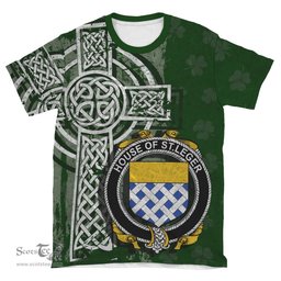 ScotsTee Shop Irish St.Leger Coat of Arms Irish Family Crest T Shirt Irish Shamrock Celtic Cross Green T Shirt