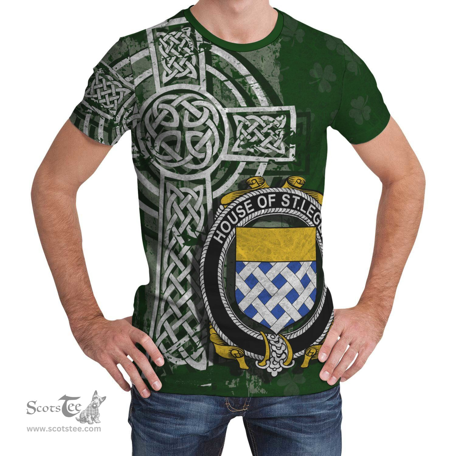 ScotsTee Shop Irish St.Leger Coat of Arms Irish Family Crest T Shirt Irish Shamrock Celtic Cross Green T Shirt