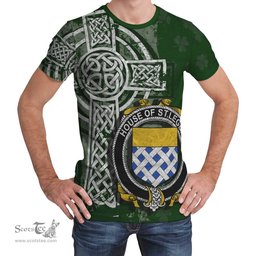 ScotsTee Shop Irish St.Leger Coat of Arms Irish Family Crest T Shirt Irish Shamrock Celtic Cross Green T Shirt