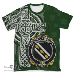ScotsTee Shop Irish Waller Coat of Arms Irish Family Crest T Shirt Irish Shamrock Celtic Cross Green T Shirt