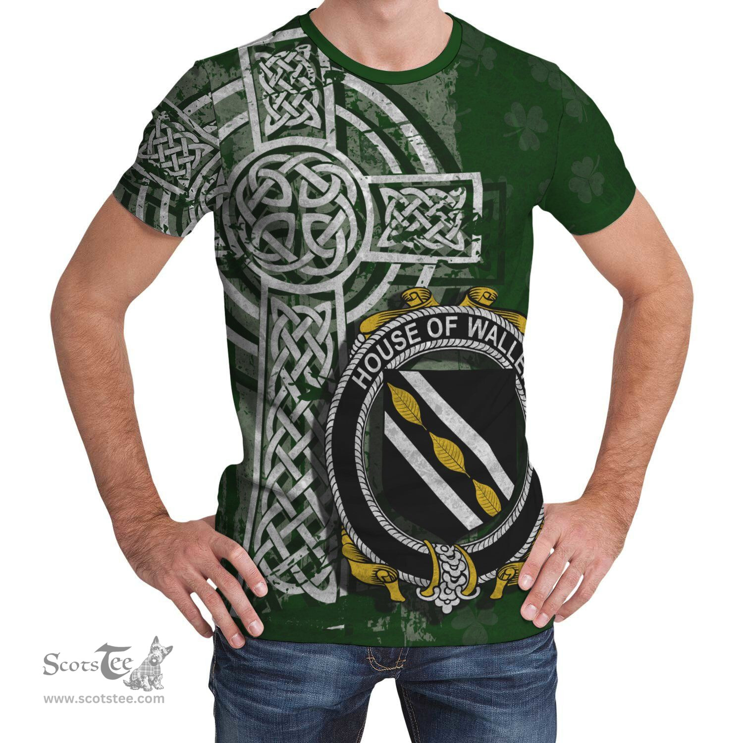ScotsTee Shop Irish Waller Coat of Arms Irish Family Crest T Shirt Irish Shamrock Celtic Cross Green T Shirt