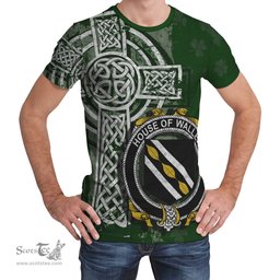 ScotsTee Shop Irish Waller Coat of Arms Irish Family Crest T Shirt Irish Shamrock Celtic Cross Green T Shirt