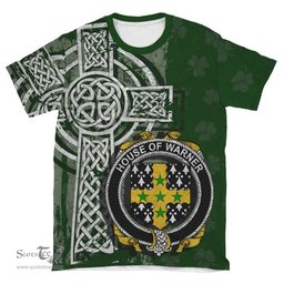 ScotsTee Shop Irish Warner Coat of Arms Irish Family Crest T Shirt Irish Shamrock Celtic Cross Green T Shirt