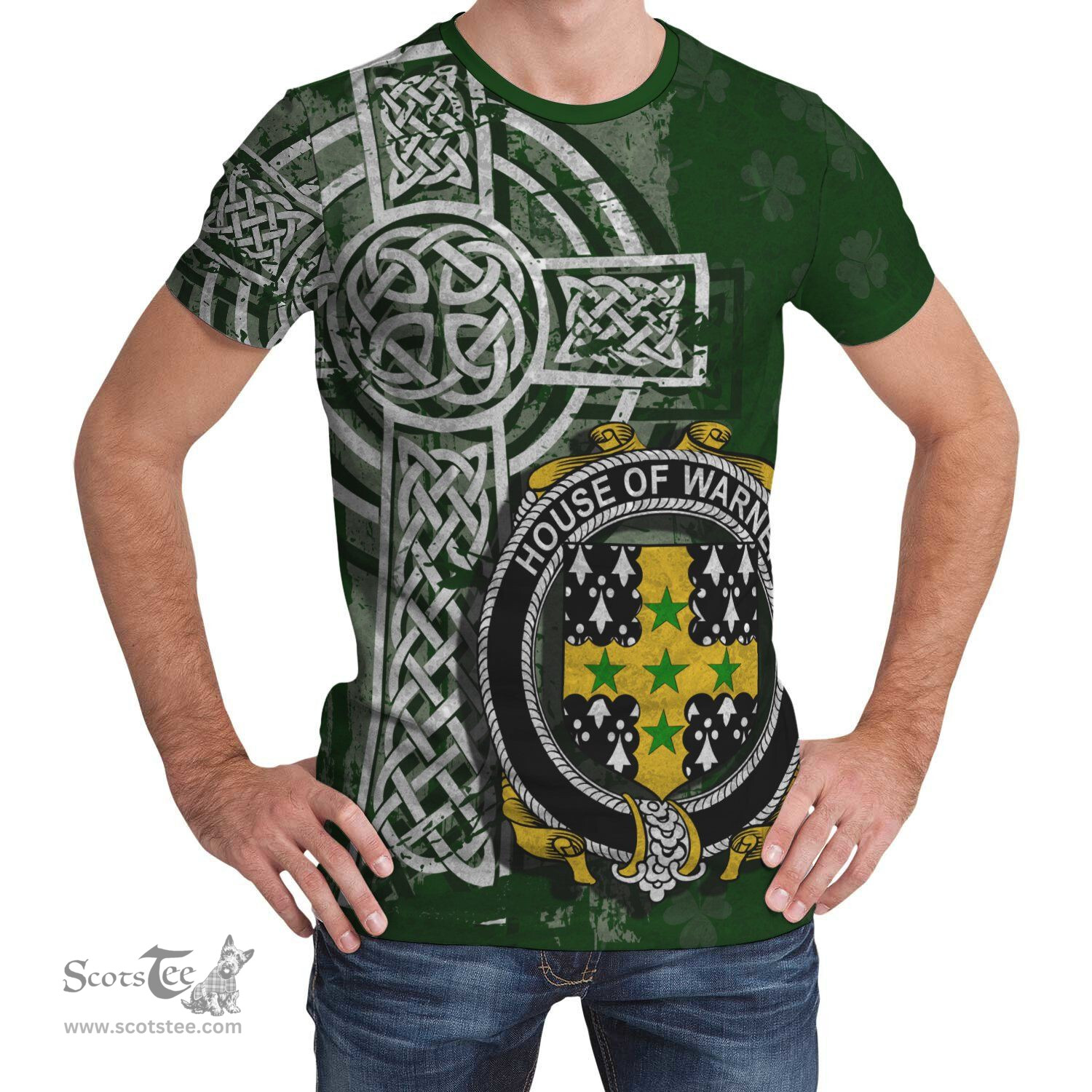 ScotsTee Shop Irish Warner Coat of Arms Irish Family Crest T Shirt Irish Shamrock Celtic Cross Green T Shirt