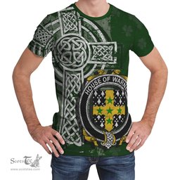 ScotsTee Shop Irish Warner Coat of Arms Irish Family Crest T Shirt Irish Shamrock Celtic Cross Green T Shirt