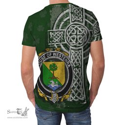 ScotsTee Shop Irish Westenra Coat of Arms Irish Family Crest T Shirt Irish Shamrock Celtic Cross Green T Shirt