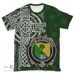 ScotsTee Shop Irish Westenra Coat of Arms Irish Family Crest T Shirt Irish Shamrock Celtic Cross Green T Shirt
