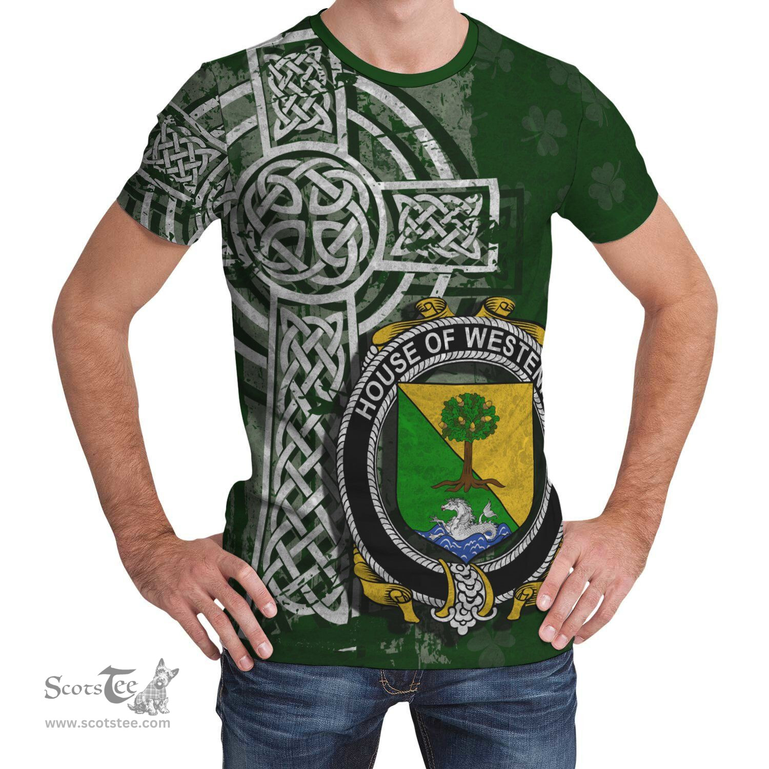 ScotsTee Shop Irish Westenra Coat of Arms Irish Family Crest T Shirt Irish Shamrock Celtic Cross Green T Shirt