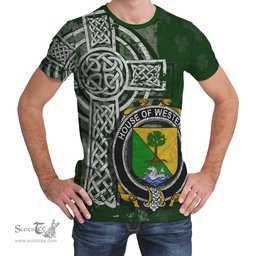 ScotsTee Shop Irish Westenra Coat of Arms Irish Family Crest T Shirt Irish Shamrock Celtic Cross Green T Shirt