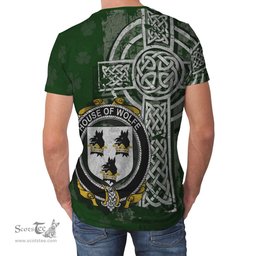 ScotsTee Shop Irish Wolfe Coat of Arms Irish Family Crest T Shirt Irish Shamrock Celtic Cross Green T Shirt