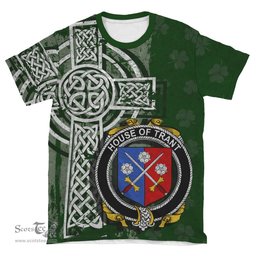 ScotsTee Shop Irish Trant or Trent Coat of Arms Irish Family Crest T Shirt Irish Shamrock Celtic Cross Green T Shirt