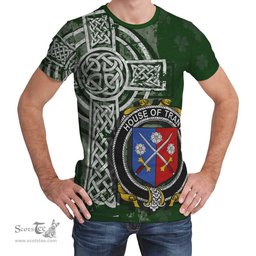 ScotsTee Shop Irish Trant or Trent Coat of Arms Irish Family Crest T Shirt Irish Shamrock Celtic Cross Green T Shirt