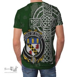 ScotsTee Shop Irish Steele Coat of Arms Irish Family Crest T Shirt Irish Shamrock Celtic Cross Green T Shirt