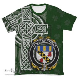 ScotsTee Shop Irish Steele Coat of Arms Irish Family Crest T Shirt Irish Shamrock Celtic Cross Green T Shirt