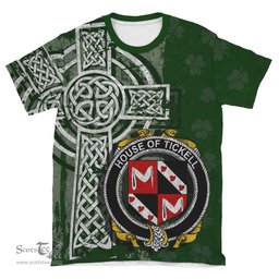 ScotsTee Shop Irish Tickell Coat of Arms Irish Family Crest T Shirt Irish Shamrock Celtic Cross Green T Shirt