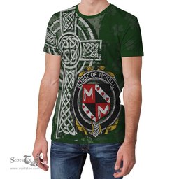 ScotsTee Shop Irish Tickell Coat of Arms Irish Family Crest T Shirt Irish Shamrock Celtic Cross Green T Shirt