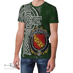 ScotsTee Shop Irish Stephens Coat of Arms Irish Family Crest T Shirt Irish Shamrock Celtic Cross Green T Shirt