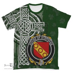 ScotsTee Shop Irish Stephens Coat of Arms Irish Family Crest T Shirt Irish Shamrock Celtic Cross Green T Shirt