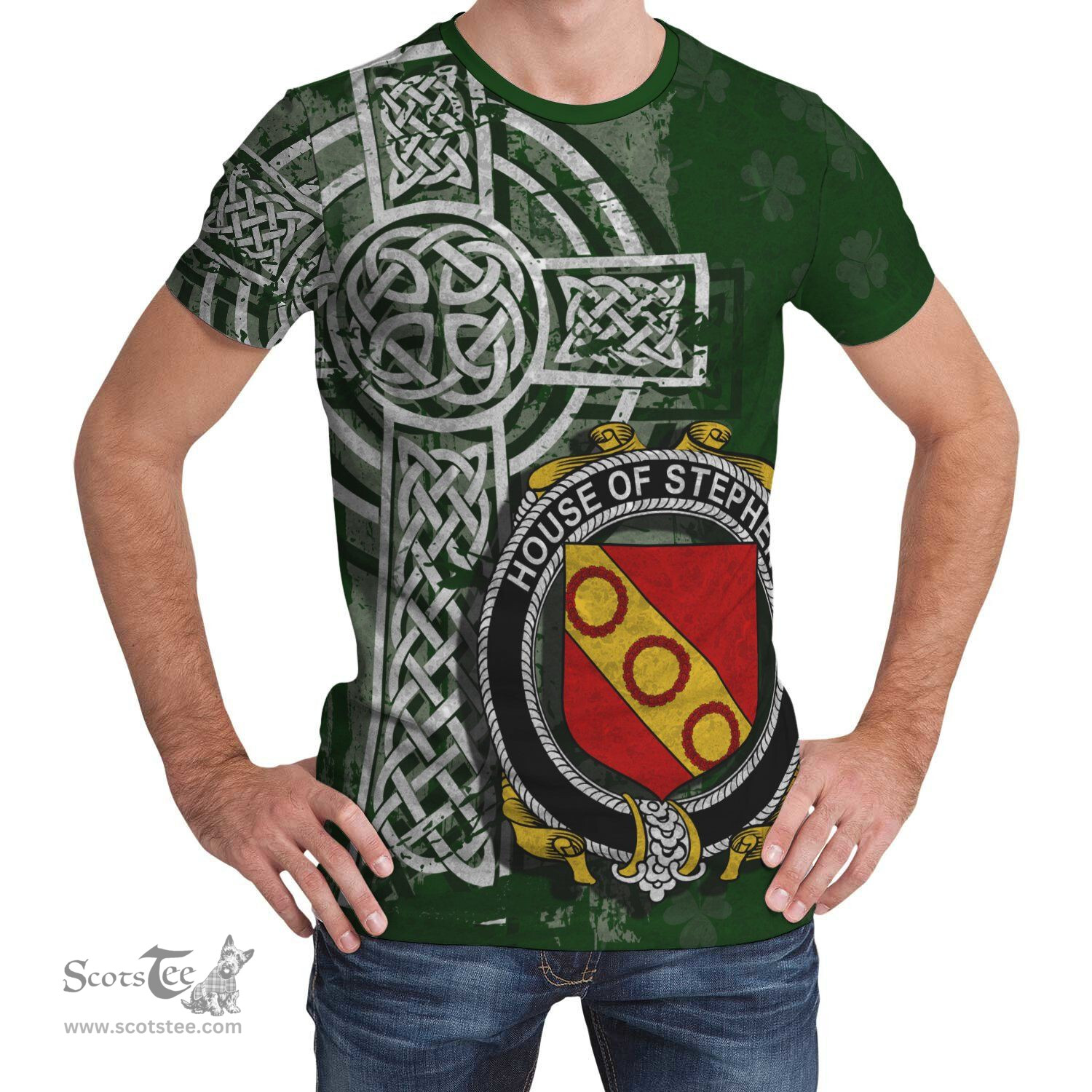 ScotsTee Shop Irish Stephens Coat of Arms Irish Family Crest T Shirt Irish Shamrock Celtic Cross Green T Shirt