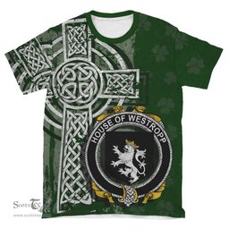 ScotsTee Shop Irish Westropp Coat of Arms Irish Family Crest T Shirt Irish Shamrock Celtic Cross Green T Shirt