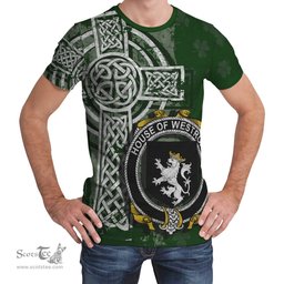 ScotsTee Shop Irish Westropp Coat of Arms Irish Family Crest T Shirt Irish Shamrock Celtic Cross Green T Shirt