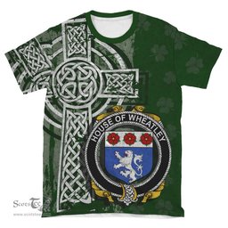ScotsTee Shop Irish Wheatley Coat of Arms Irish Family Crest T Shirt Irish Shamrock Celtic Cross Green T Shirt