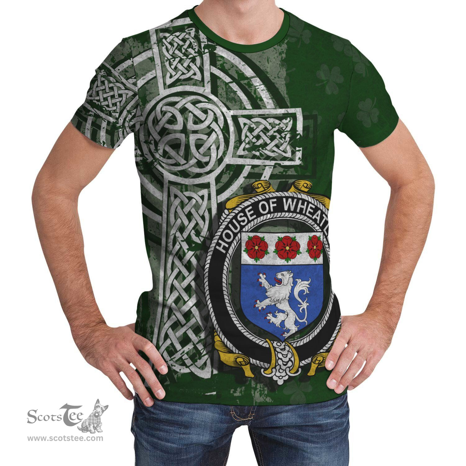 ScotsTee Shop Irish Wheatley Coat of Arms Irish Family Crest T Shirt Irish Shamrock Celtic Cross Green T Shirt