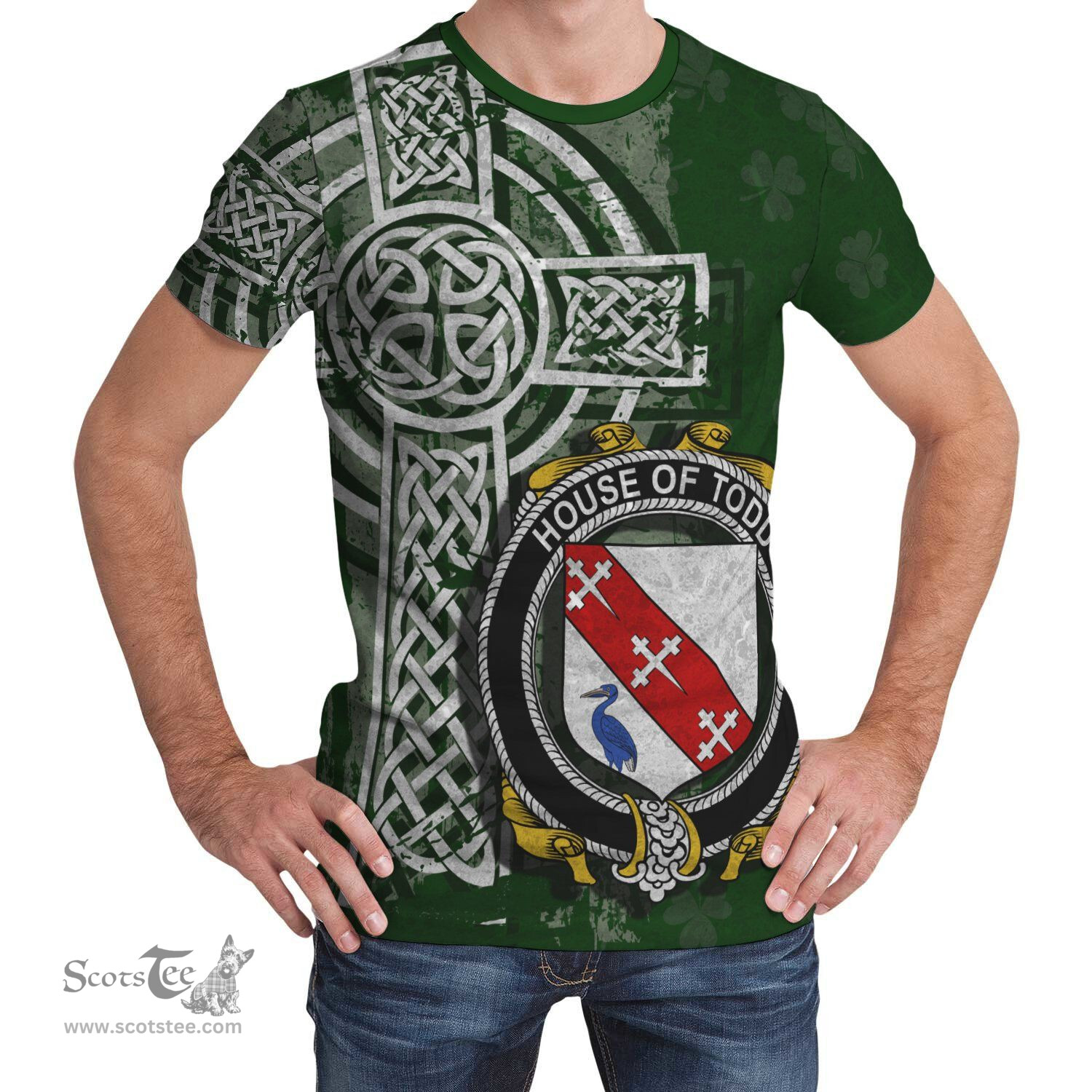 ScotsTee Shop Irish Todd or Tod Coat of Arms Irish Family Crest T Shirt Irish Shamrock Celtic Cross Green T Shirt