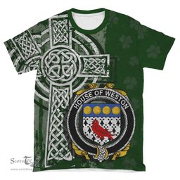 ScotsTee Shop Irish Weston Coat of Arms Irish Family Crest T Shirt Irish Shamrock Celtic Cross Green T Shirt