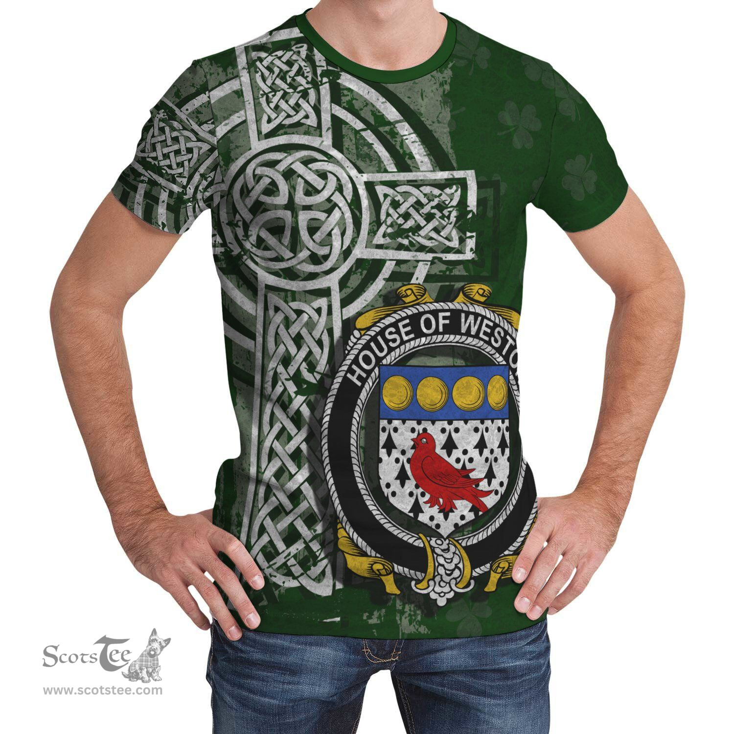 ScotsTee Shop Irish Weston Coat of Arms Irish Family Crest T Shirt Irish Shamrock Celtic Cross Green T Shirt