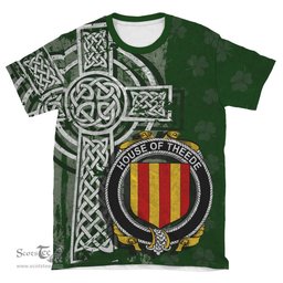 ScotsTee Shop Irish Theede Coat of Arms Irish Family Crest T Shirt Irish Shamrock Celtic Cross Green T Shirt