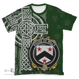 ScotsTee Shop Irish Wills Coat of Arms Irish Family Crest T Shirt Irish Shamrock Celtic Cross Green T Shirt