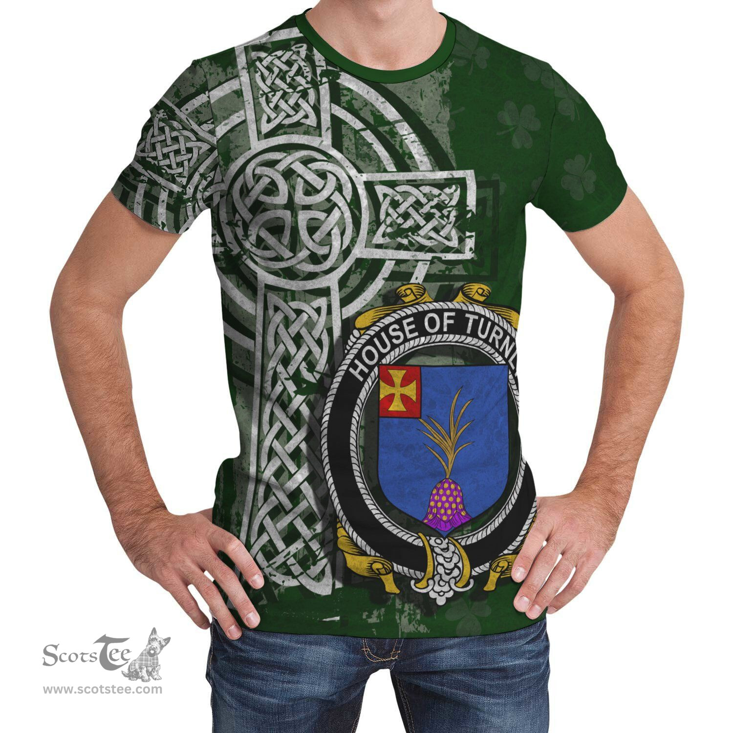 ScotsTee Shop Irish Turnly Coat of Arms Irish Family Crest T Shirt Irish Shamrock Celtic Cross Green T Shirt