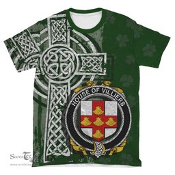 ScotsTee Shop Irish Villiers Coat of Arms Irish Family Crest T Shirt Irish Shamrock Celtic Cross Green T Shirt